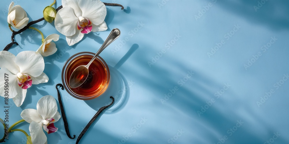 Naklejka premium Vanilla extract in a bowl with a spoon, vanilla pods and flowers on a blue background, used for culinary flavoring