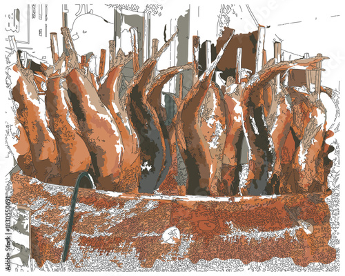 Sketch-style impressionnist painting,Ayu fish skewered and grilled over Japanese charcoal fire,Digital illustration vector image 