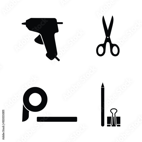 Black Silhouette Icons of Craft and Stationery Supplies Including Hot Glue Gun Scissors Tape and Binder Clip
