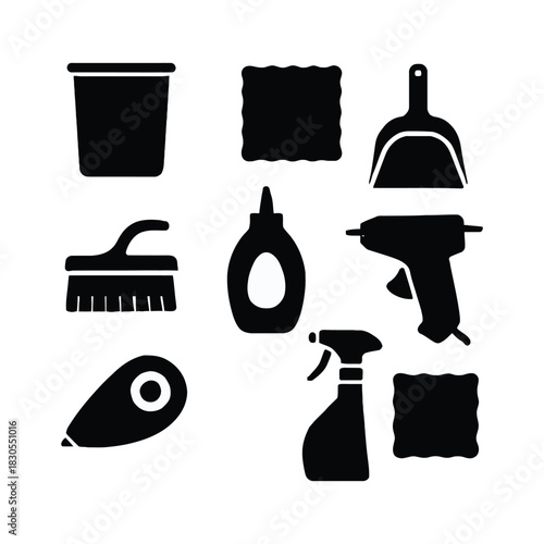 Cleaning Supplies Icons Set On White Background bucket cloth