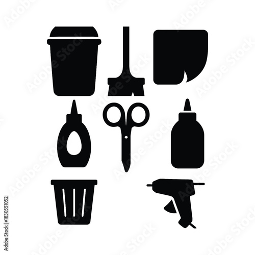 Collection of Black Silhouettes of Craft and Cleaning Supplies tools glue