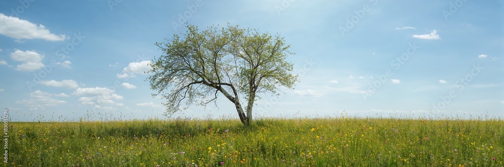 Obraz premium Scenic meadow with bent birch trees serving as a natural background for landscape photography, Earth Day