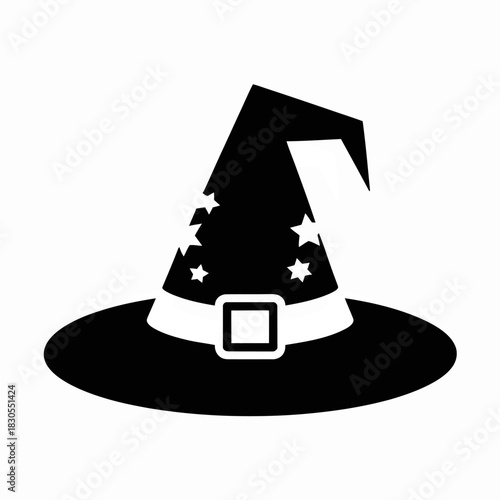 Black witch hat with stars and buckle on white background