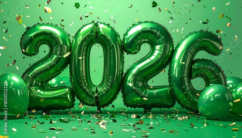 Festive celebration scene with large green metallic “2026” balloons against green background, floor balloons and falling colorful confetti, evoking joyful New Year or milestone party atmosphere.