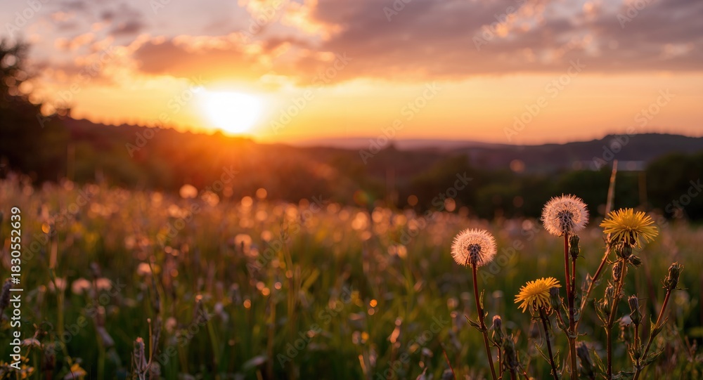 Obraz premium Sunset lighting over a meadow filled with dandelions, emphasizing natural scenery and seasonal change