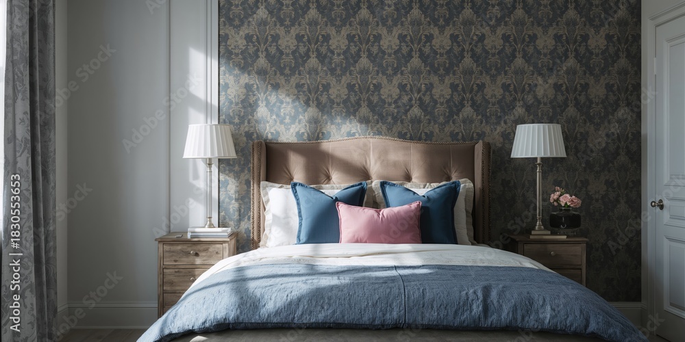 Fototapeta premium Red mug filled with hot chocolate topped with marshmallows and a candy cane, seasonal beverage for Christmas holiday