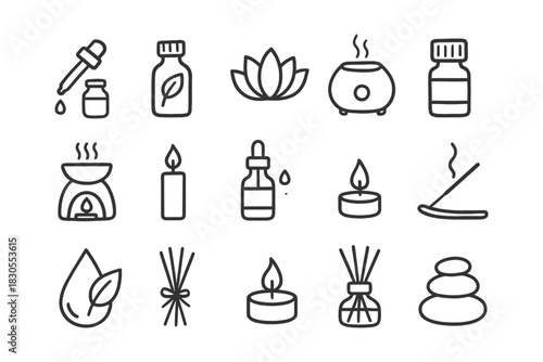 Aromatherapy icons: essential oils, candles, diffusers, incense, spa symbols.