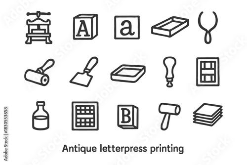 Antique letterpress printing icons: tools and letters.
