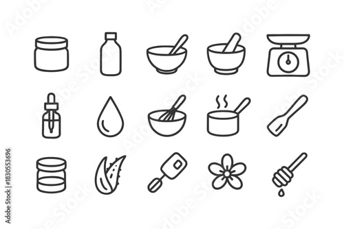 Set of 15 skincare and cooking line icons featuring bowls and tools.