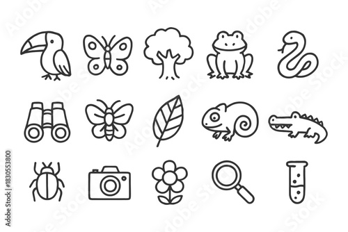 Nature and wildlife line icons: animals, plants, and tools collection.