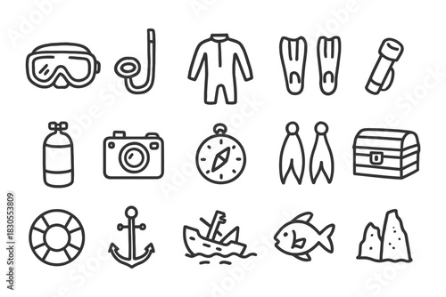 Set of diving and underwater exploration icons: gear, marine life, nautical items.