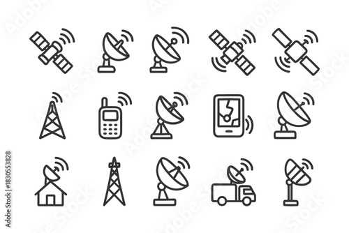 Satellite and communication icons depicting antennas, satellites, and mobile devices.