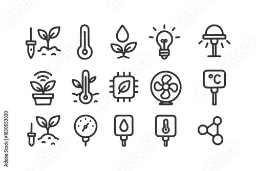 Smart agriculture icons set: temperature, plant growth, light, technology.