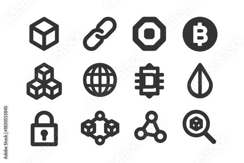 Blockchain technology icons: security, cryptocurrency, decentralization, network, blockchain.
