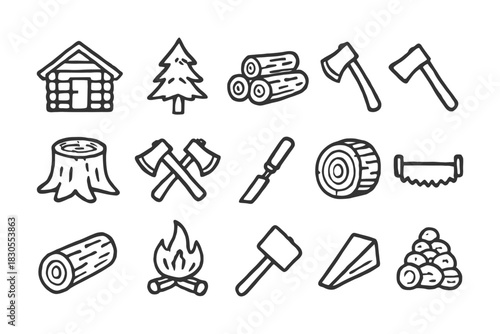 Woodworking icons: axe, logs, fire, cabin, tree stump, saw, tools in black and white.