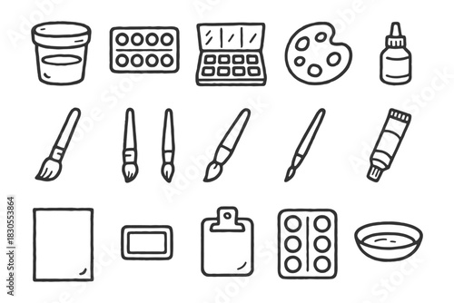 Hand-drawn art supplies collection: paint, brushes, palette, canvas, and tools.
