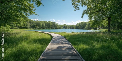 Fototapeta Naklejka Na Ścianę i Meble -  Peaceful walkway in park with water and sky during summer, emphasizing natural landscape and wooden features, Earth Day