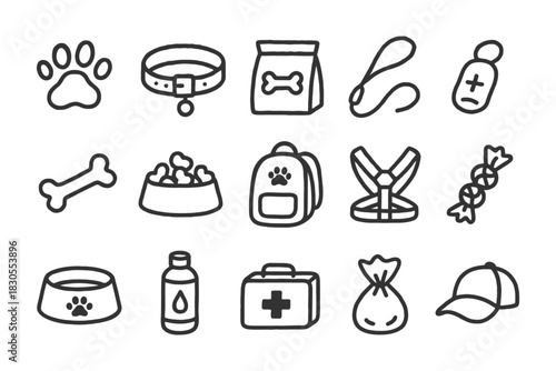 Outline icon set: pet accessories and supplies for dogs and cats.