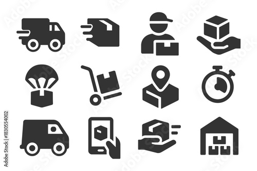 Delivery and logistics icons including vehicle, package, courier, and warehouse symbols.