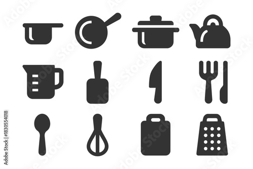 Black and white kitchen utensil icons: pots, pans, cutlery, grater, and more.