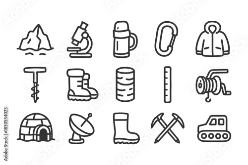 Collection of outdoor and adventure icons including gear and equipment.