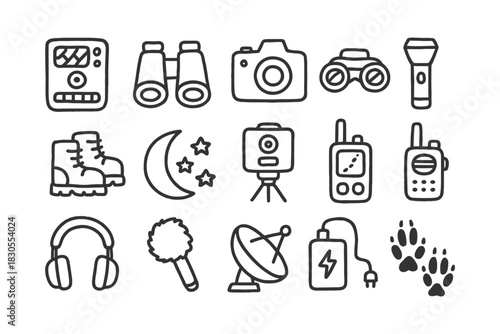 Outlined adventure icons: binoculars, camera, boots, walkie-talkie, headphones.