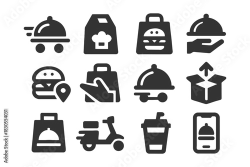 Food delivery icons set: meals, burgers, takeout, fast shipping, online ordering.