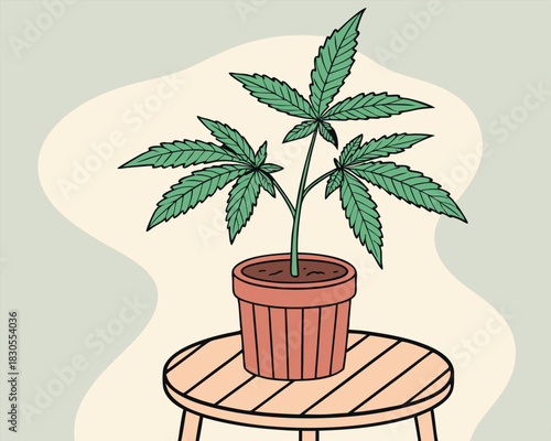 Cannabis plant in a pot on a wooden table against a subtle background design