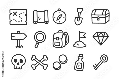 Hand-drawn adventure icons featuring map, compass, shovel, and treasure elements.