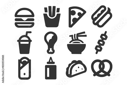 Icon set of fast food items: burger, pizza, fries, hot dog, and more.