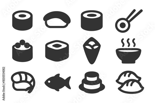 Icon set of japanese cuisine: sushi, nigiri, and dumplings.
