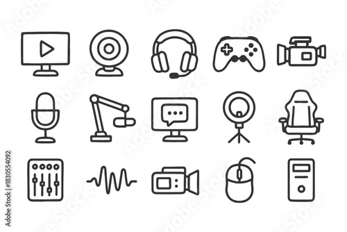 Streaming and gaming icons set: microphone, headset, controller, camera, pc.