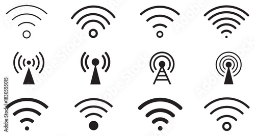 Wireless wifi signal icons set. Network antenna symbols, hotspot, router, communication, digital technology design. Internet connection symbols. Vector illustration.