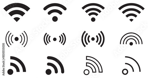 Wireless wifi signal icons set. Internet connection symbols. Network antenna symbols, hotspot, router, communication, digital technology design. Vector illustration.