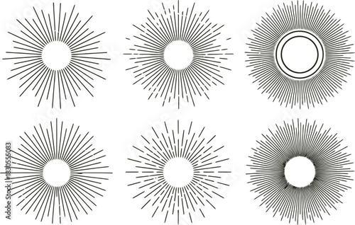Set of sunburst design elements with radial rays, perfect for vintage retro style, art and decoration projects