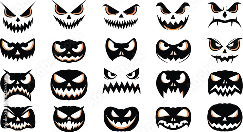 A diverse collection of twenty-five spooky and evil Jack O' Lantern faces for Halloween. This vector set features scary monster, ghost, and demon expressions for pumpkin carving designs