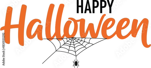 Happy Halloween text with a spiderweb and spider illustration