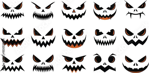 Vector set of spooky Halloween faces with menacing grins, angry eyes, and jagged teeth. Perfect collection for creating eerie graphic designs and festive seasonal decorations