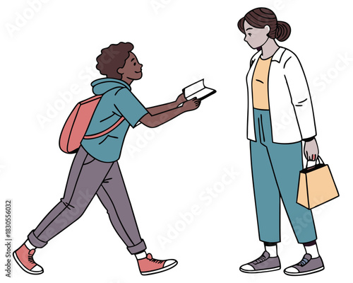 Friendly gesture of a student offering a book to a woman against a transparent background.
