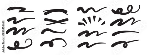 Charcoal underlines, color scribbles and wavy brush strokes. Kids hand drawn doodle squiggles, curly lines. Pencil chalk think and rough stripes, freehand crayon strikethroughs on white background 