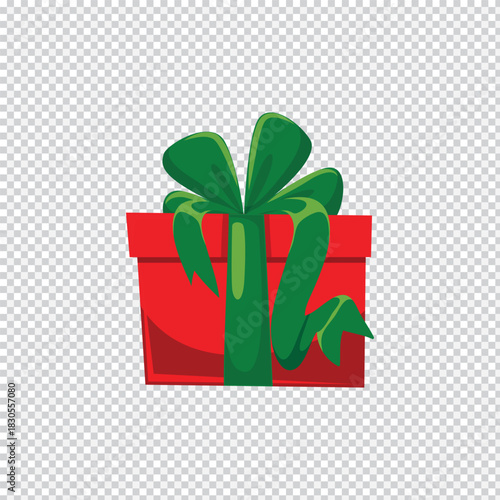 A vibrant and festive red gift box with a luxurious green ribbon and bow perfect for celebrations and presented on a clean transparent background for easy integration into designs