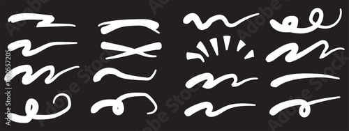 Charcoal underlines, color scribbles and wavy brush strokes. Kids hand drawn doodle squiggles, curly lines. Pencil chalk think and rough stripes, freehand crayon strikethroughs on white background 