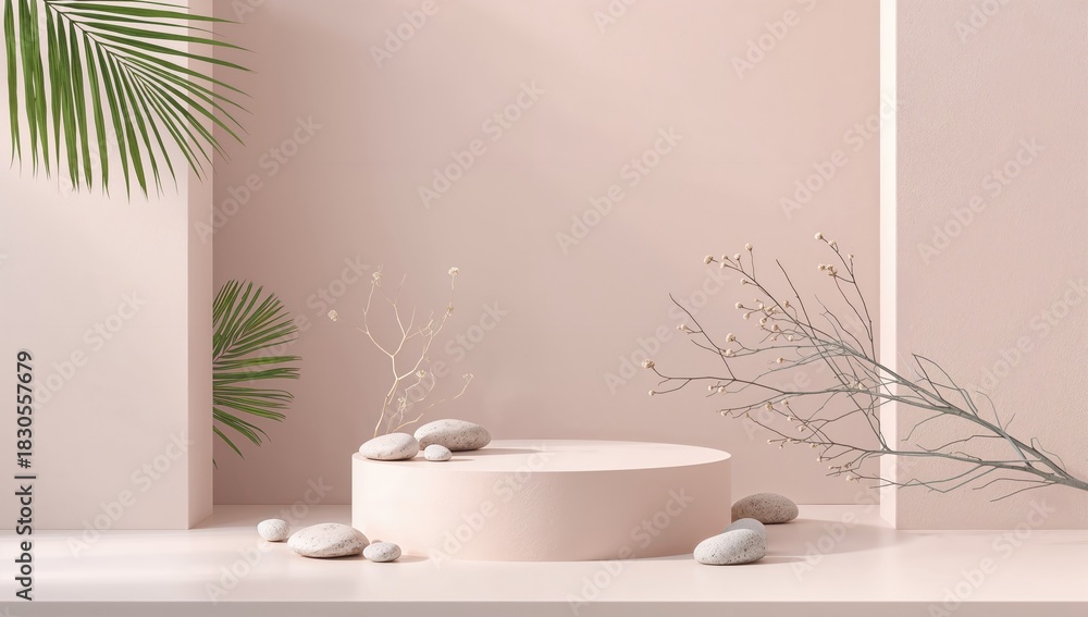 Fototapeta premium Elegant podium with natural stones, pebbles, and plant branches used for presentation, background for event setup
