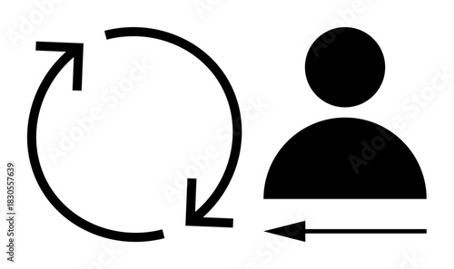 Feedback process. Feedback illustrated using a symbol of a person with circular arrows for looped communication. Feedback drives improved decision-making and system updates. For HR, tech, UX