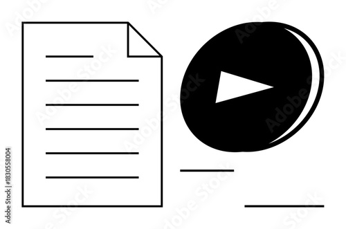 Document outline alongside a circular play button. Ideal for media, online learning, communication, content creation, knowledge sharing, presentations, simple flat metaphor