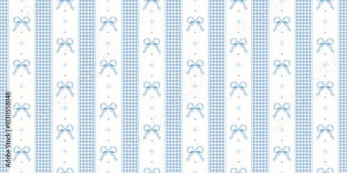Coquette seamless pattern blue bow and ribbon. Gingham vintage wrapping paper background for birthday and holiday. Cute repeat wallpaper texture. Lace stripes plaid fabric. Vector illustration