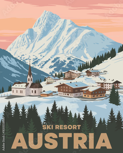 Austrian alps ski resort poster, depicting snowy peaks, cozy alpine chalets, pine forests, traditional typography, and winter skiing adventure under a crisp, clear blue sky.