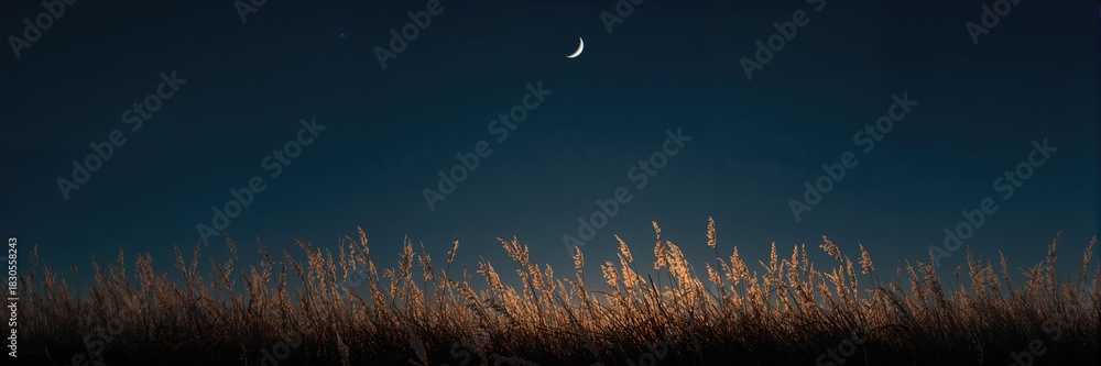Obraz premium Japanese pampas grass and the half moon, seasonal plant growth and lunar phases, Earth Day