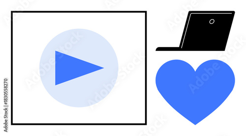 Blue play icon in a square, laptop, and heart symbol in minimalist style. Ideal for multimedia, technology, streaming, online interaction, digital life, user engagement and connection simple flat