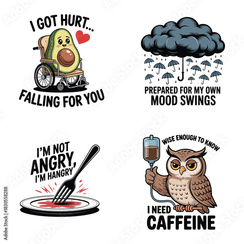 Cartoon illustrations of avocado, storm cloud, fork, and owl with text toast wheelchair
